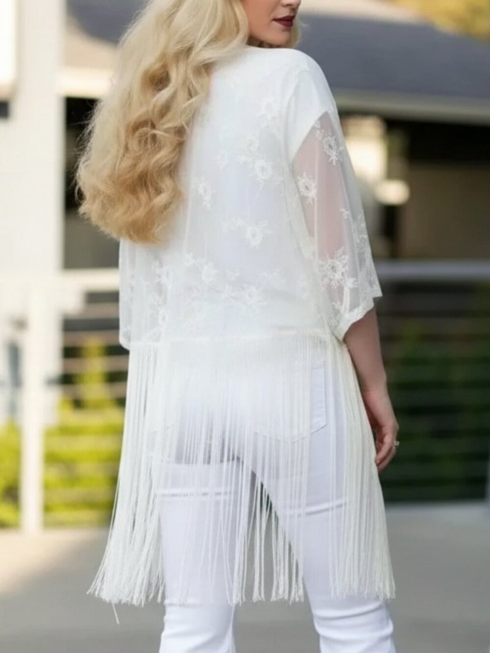 Cream Womens Boho Shabby Chic Lace with fringe Kimono